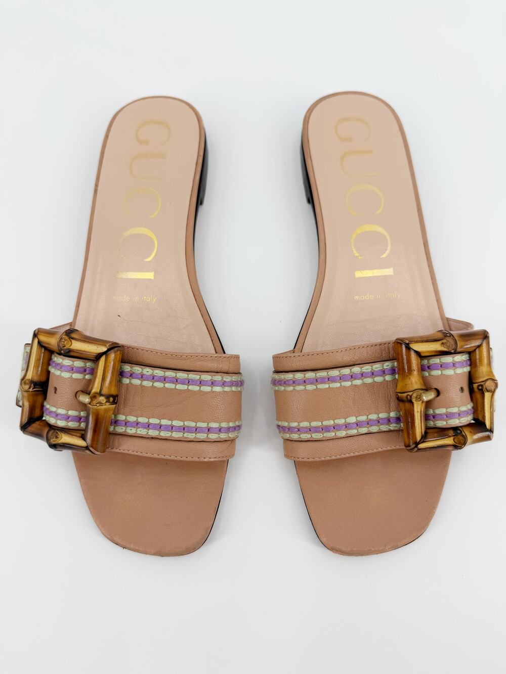 Gucci Tan Leather Bamboo Buckle Square Toe Flat Embroidered Slide Sandals 37.5